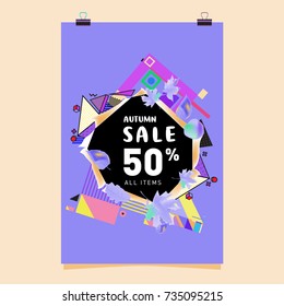 Autumn sale memphis style poster. Fashion and travel discount banner. Vector holiday Abstract colorful illustration with special offer and promotion.