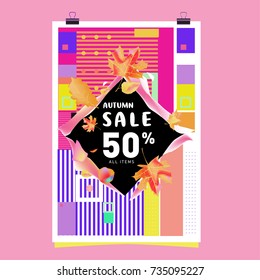 Autumn sale memphis style poster. Fashion and travel discount banner. Vector holiday Abstract colorful illustration with special offer and promotion.