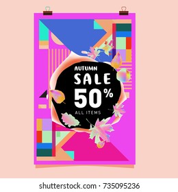 Autumn sale memphis style poster. Fashion and travel discount banner. Vector holiday Abstract colorful illustration with special offer and promotion.
