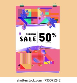 Autumn sale memphis style poster. Fashion and travel discount banner. Vector holiday Abstract colorful illustration with special offer and promotion.