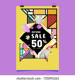 Autumn sale memphis style poster. Fashion and travel discount banner. Vector holiday Abstract colorful illustration with special offer and promotion.