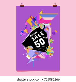 Autumn sale memphis style poster. Fashion and travel discount banner. Vector holiday Abstract colorful illustration with special offer and promotion.