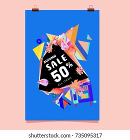 Autumn sale memphis style poster. Fashion and travel discount banner. Vector holiday Abstract colorful illustration with special offer and promotion.