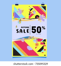 Autumn sale memphis style poster. Fashion and travel discount banner. Vector holiday Abstract colorful illustration with special offer and promotion.
