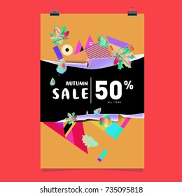 Autumn sale memphis style poster. Fashion and travel discount banner. Vector holiday Abstract colorful illustration with special offer and promotion.