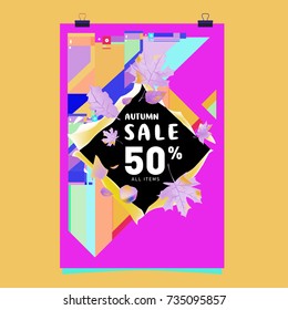 Autumn sale memphis style poster. Fashion and travel discount banner. Vector holiday Abstract colorful illustration with special offer and promotion.