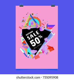 Autumn sale memphis style poster. Fashion and travel discount banner. Vector holiday Abstract colorful illustration with special offer and promotion.