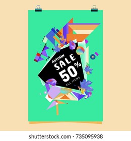 Autumn sale memphis style poster. Fashion and travel discount banner. Vector holiday Abstract colorful illustration with special offer and promotion.