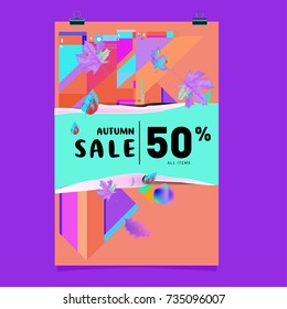 Autumn sale memphis style poster. Fashion and travel discount banner. Vector holiday Abstract colorful illustration with special offer and promotion.