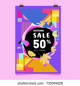 Autumn sale memphis style poster. Fashion and travel discount banner. Vector holiday Abstract colorful illustration with special offer and promotion.