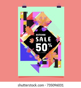 Autumn sale memphis style poster. Fashion and travel discount banner. Vector holiday Abstract colorful illustration with special offer and promotion.