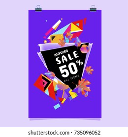 Autumn sale memphis style poster. Fashion and travel discount banner. Vector holiday Abstract colorful illustration with special offer and promotion.