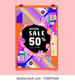Autumn sale memphis style poster. Fashion and travel discount banner. Vector holiday Abstract colorful illustration with special offer and promotion.