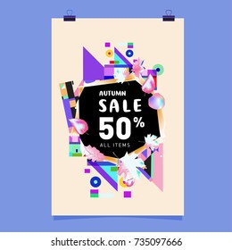 Autumn sale memphis style poster. Fashion and travel discount banner. Vector holiday Abstract colorful illustration with special offer and promotion.