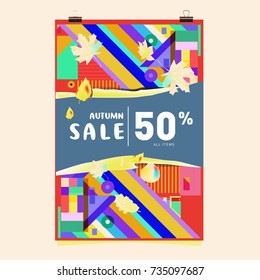 Autumn sale memphis style poster. Fashion and travel discount banner. Vector holiday Abstract colorful illustration with special offer and promotion.