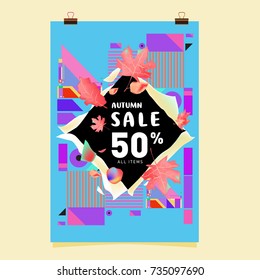 Autumn sale memphis style poster. Fashion and travel discount banner. Vector holiday Abstract colorful illustration with special offer and promotion.