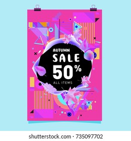 Autumn sale memphis style poster. Fashion and travel discount banner. Vector holiday Abstract colorful illustration with special offer and promotion.