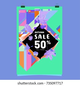 Autumn sale memphis style poster. Fashion and travel discount banner. Vector holiday Abstract colorful illustration with special offer and promotion.