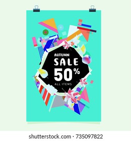Autumn sale memphis style poster. Fashion and travel discount banner. Vector holiday Abstract colorful illustration with special offer and promotion.