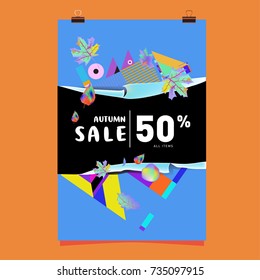 Autumn sale memphis style poster. Fashion and travel discount banner. Vector holiday Abstract colorful illustration with special offer and promotion.