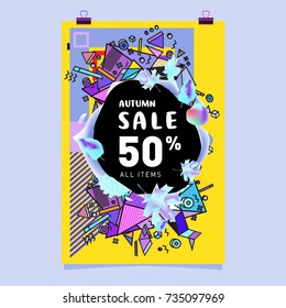 Autumn sale memphis style poster. Fashion and travel discount banner. Vector holiday Abstract colorful illustration with special offer and promotion.