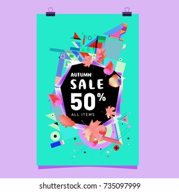 Autumn sale memphis style poster. Fashion and travel discount banner. Vector holiday Abstract colorful illustration with special offer and promotion.