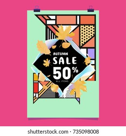 Autumn sale memphis style poster. Fashion and travel discount banner. Vector holiday Abstract colorful illustration with special offer and promotion.