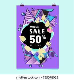 Autumn sale memphis style poster. Fashion and travel discount banner. Vector holiday Abstract colorful illustration with special offer and promotion.