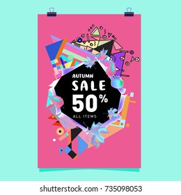 Autumn sale memphis style poster. Fashion and travel discount banner. Vector holiday Abstract colorful illustration with special offer and promotion.