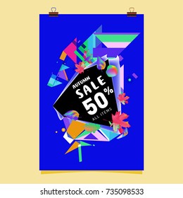 Autumn sale memphis style poster. Fashion and travel discount banner. Vector holiday Abstract colorful illustration with special offer and promotion.