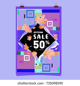 Autumn sale memphis style poster. Fashion and travel discount banner. Vector holiday Abstract colorful illustration with special offer and promotion.