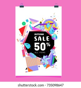 Autumn sale memphis style poster. Fashion and travel discount banner. Vector holiday Abstract colorful illustration with special offer and promotion.