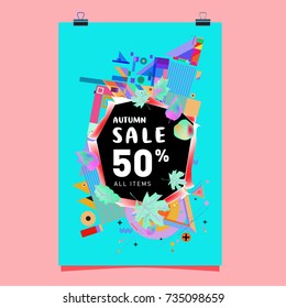 Autumn sale memphis style poster. Fashion and travel discount banner. Vector holiday Abstract colorful illustration with special offer and promotion.
