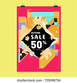 Autumn sale memphis style poster. Fashion and travel discount banner. Vector holiday Abstract colorful illustration with special offer and promotion.