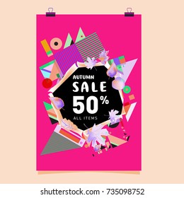 Autumn sale memphis style poster. Fashion and travel discount banner. Vector holiday Abstract colorful illustration with special offer and promotion.