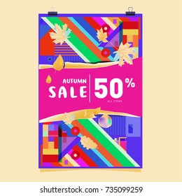 Autumn sale memphis style poster. Fashion and travel discount banner. Vector holiday Abstract colorful illustration with special offer and promotion.