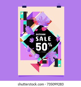 Autumn sale memphis style poster. Fashion and travel discount banner. Vector holiday Abstract colorful illustration with special offer and promotion.