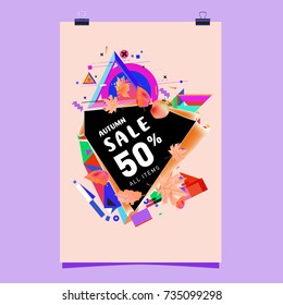 Autumn sale memphis style poster. Fashion and travel discount banner. Vector holiday Abstract colorful illustration with special offer and promotion.