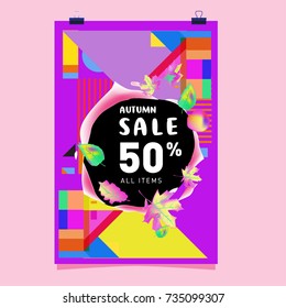 Autumn sale memphis style poster. Fashion and travel discount banner. Vector holiday Abstract colorful illustration with special offer and promotion.