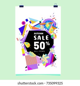 Autumn sale memphis style poster. Fashion and travel discount banner. Vector holiday Abstract colorful illustration with special offer and promotion.