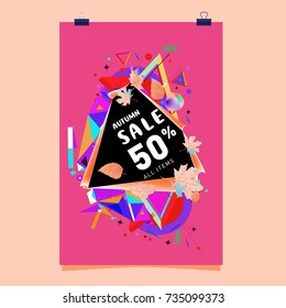 Autumn sale memphis style poster. Fashion and travel discount banner. Vector holiday Abstract colorful illustration with special offer and promotion.