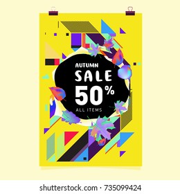 Autumn sale memphis style poster. Fashion and travel discount banner. Vector holiday Abstract colorful illustration with special offer and promotion.