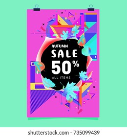 Autumn sale memphis style poster. Fashion and travel discount banner. Vector holiday Abstract colorful illustration with special offer and promotion.