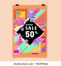 Autumn sale memphis style poster. Fashion and travel discount banner. Vector holiday Abstract colorful illustration with special offer and promotion.