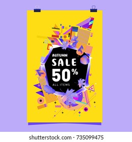 Autumn sale memphis style poster. Fashion and travel discount banner. Vector holiday Abstract colorful illustration with special offer and promotion.