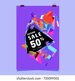 Autumn sale memphis style poster. Fashion and travel discount banner. Vector holiday Abstract colorful illustration with special offer and promotion.