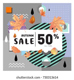 Autumn sale memphis style web banner. Fashion and travel discount poster. Vector holiday Abstract colorful illustration with special offer and promotion.