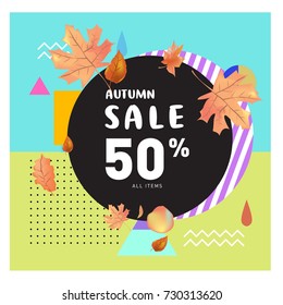 Autumn sale memphis style web banner. Fashion and travel discount poster. Vector holiday Abstract colorful illustration with special offer and promotion.