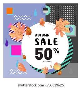 Autumn sale memphis style web banner. Fashion and travel discount poster. Vector holiday Abstract colorful illustration with special offer and promotion.