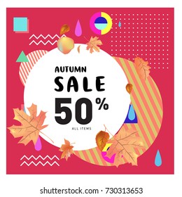 Autumn sale memphis style web banner. Fashion and travel discount poster. Vector holiday Abstract colorful illustration with special offer and promotion.